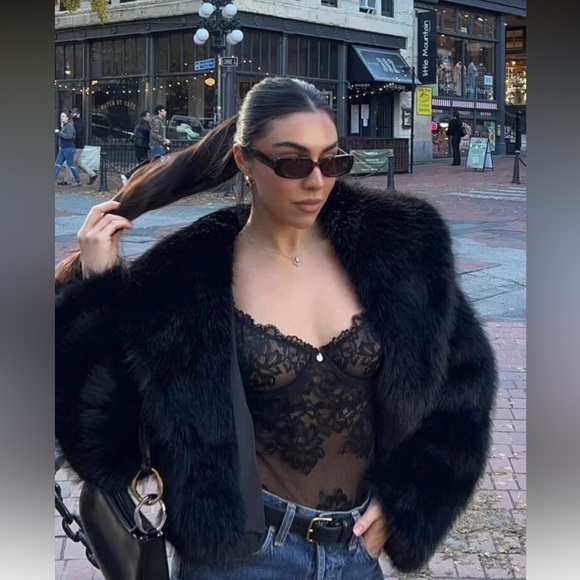 Jackets & Blazers - Luxury Black Faux Fur Jacket – Vintage-Inspired Cropped Coat